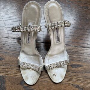 Manolo Blahnik Silver Crystal-Embellished Open-Toe Slide Heels Size 9 39